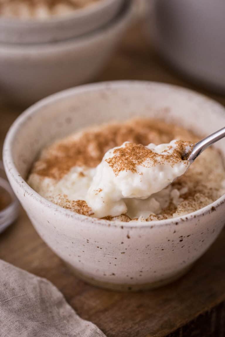 hand holding spoon lifting out creamy rice pudding sprinkled with spice from a bowl.