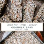 Pin image of granola bars cut up and in a cake tin