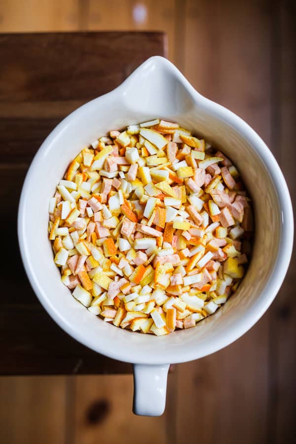 Mixed peel in a large white mixing bowl