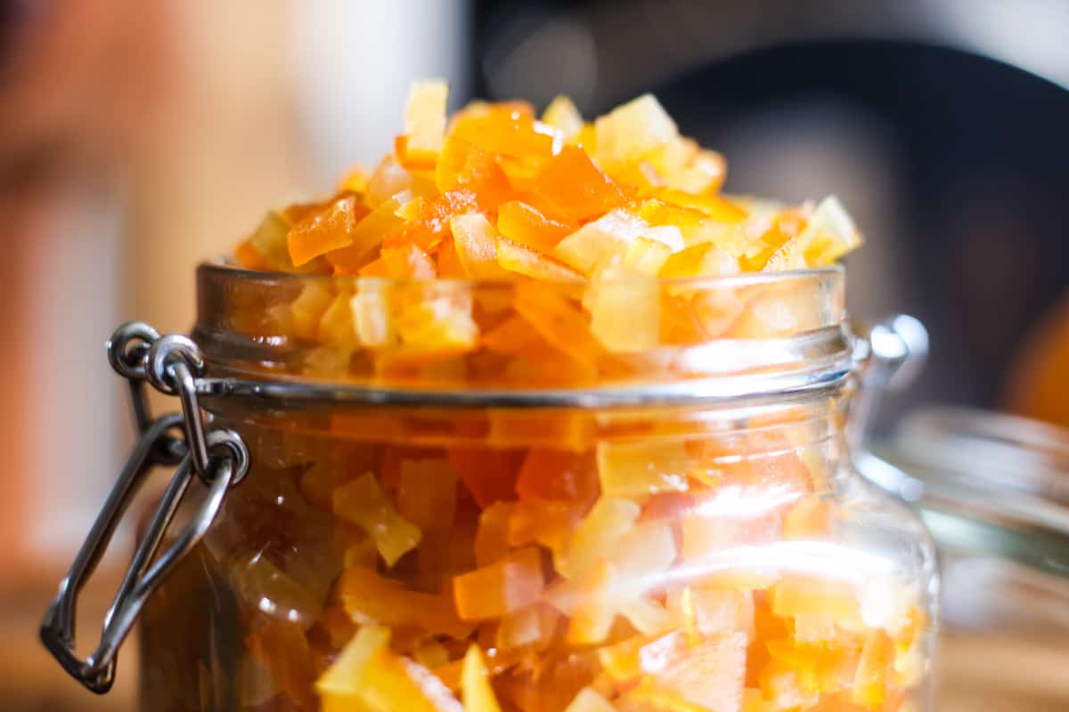 Close up of Homemade Mixed Peel in a jar