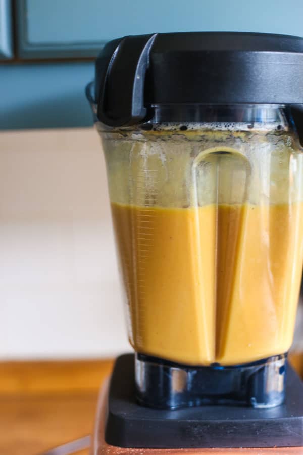 A blender sitting on a counter with shrub inside