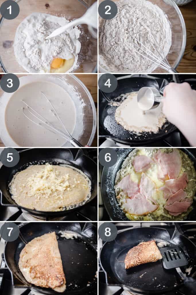 8 process images of making the buckwheat galette. Whisking ingredients in glass bowl, dropping batter into pan, adding cheese, adding ham, folding galette.