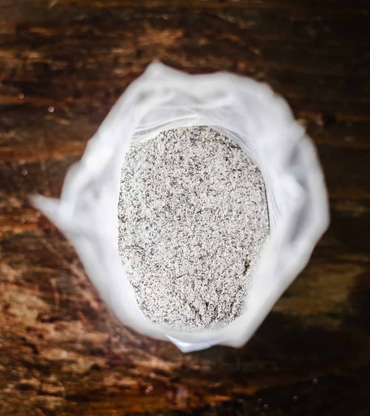 overhead shot of buckwheat flour in a bag