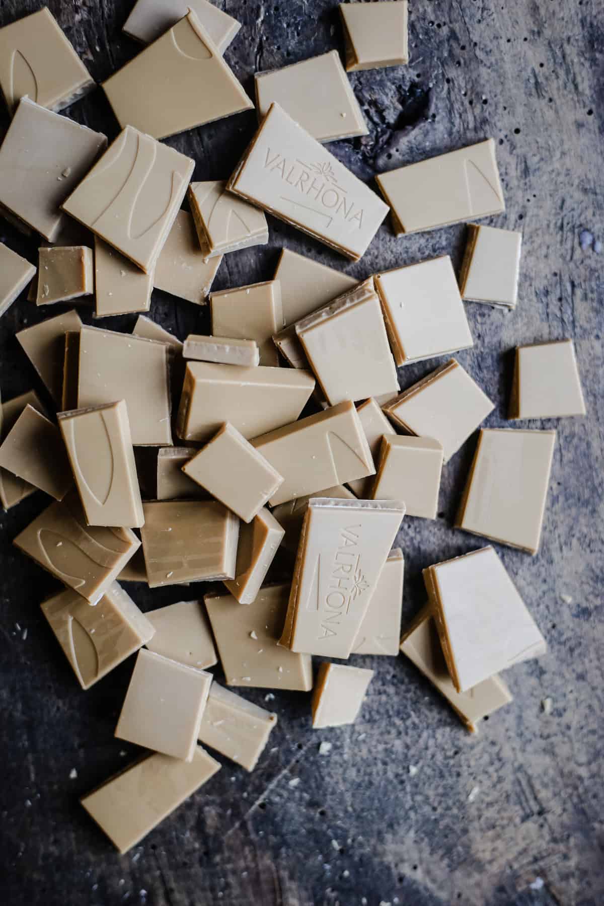 A close up of cut up blond chocolate
