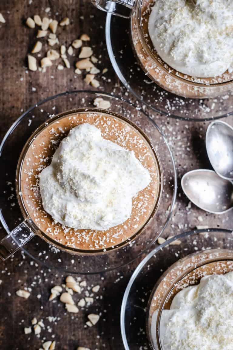 A bowl of chocolate mousse and cream