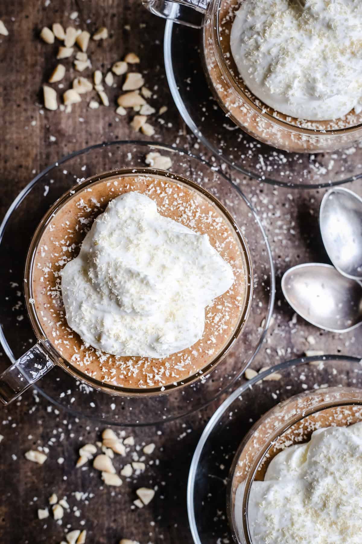 A bowl of chocolate mousse and cream