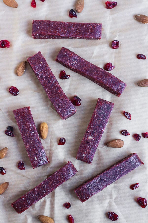 Raw Cranberry and Nut Energy Bars on baking parchment