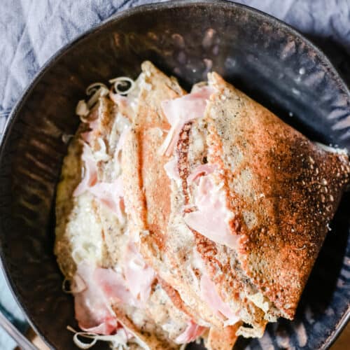 Buckwheat Galettes with ham and cheese in a bowl
