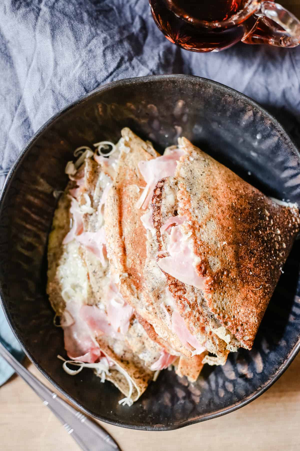 Buckwheat Galettes with ham and cheese in a bowl