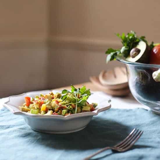 A bowl of salad on a table