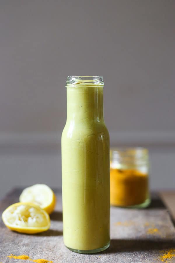 A jar of tahini dressing