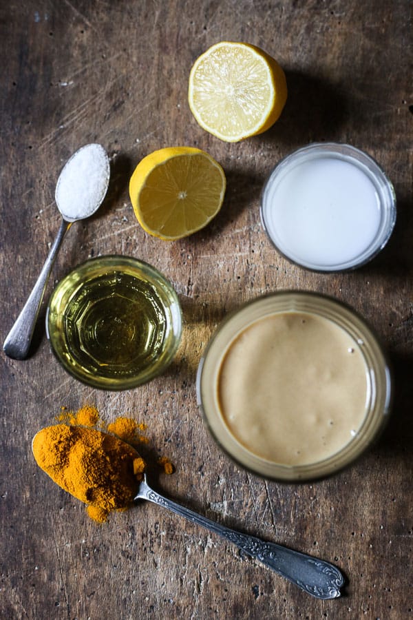 ingredients of tahini dressing on a table