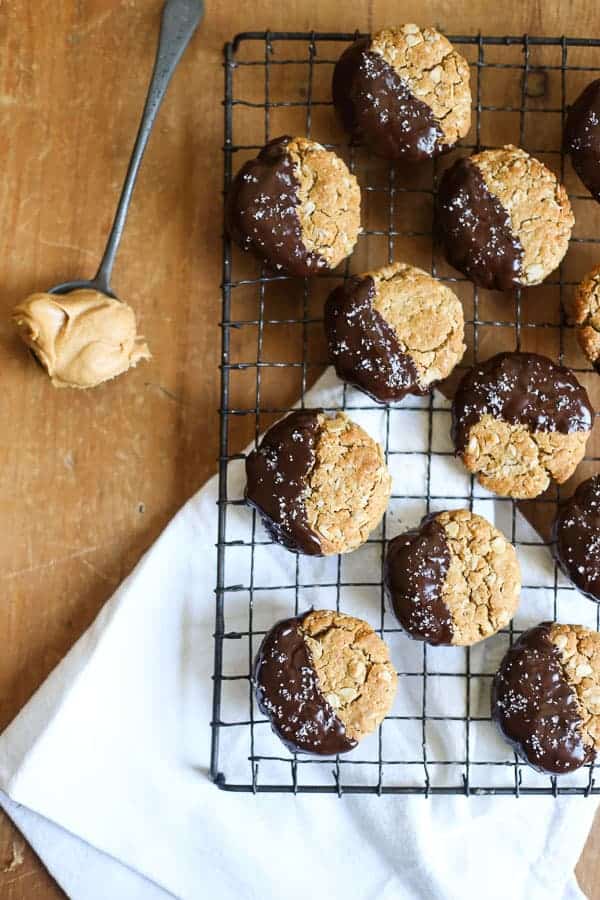 Peanut Butter Oaty Chocolate Cookies on a wire rack