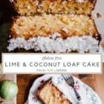 Two images of sliced Coconut Lime Drizzle Cake with text overlay