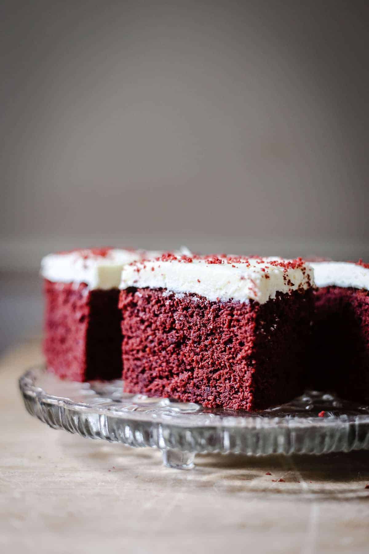 A plate of Gluten-Free Red Velvet Cake slices