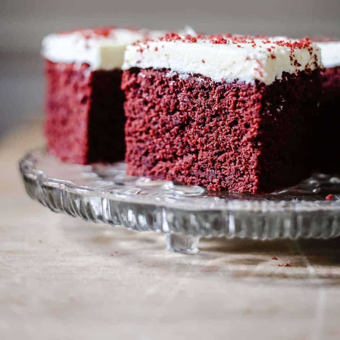 red velvet cake on a glass plate