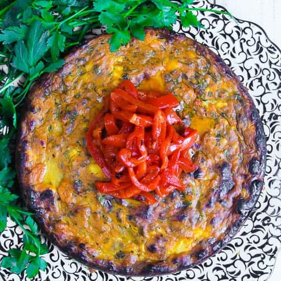 Sweet Potato Feta Tortilla on a plate with salad