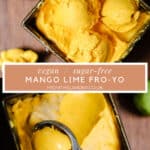 Overhead shot of vegan mango lime fro yo with a scoop taken out