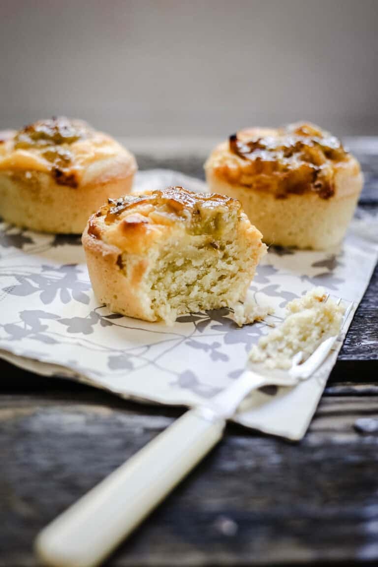 Gooseberry friands cut into showing soft and tender crumb.