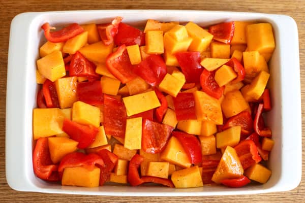 Butternut Squash and Red Peppers in a roasting dish