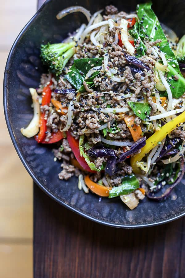 Sriracha Honey Beef Stir Fry in a bowl on a table