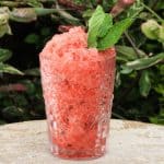 A glass of Watermelon Mint Granita on a table in front of plants