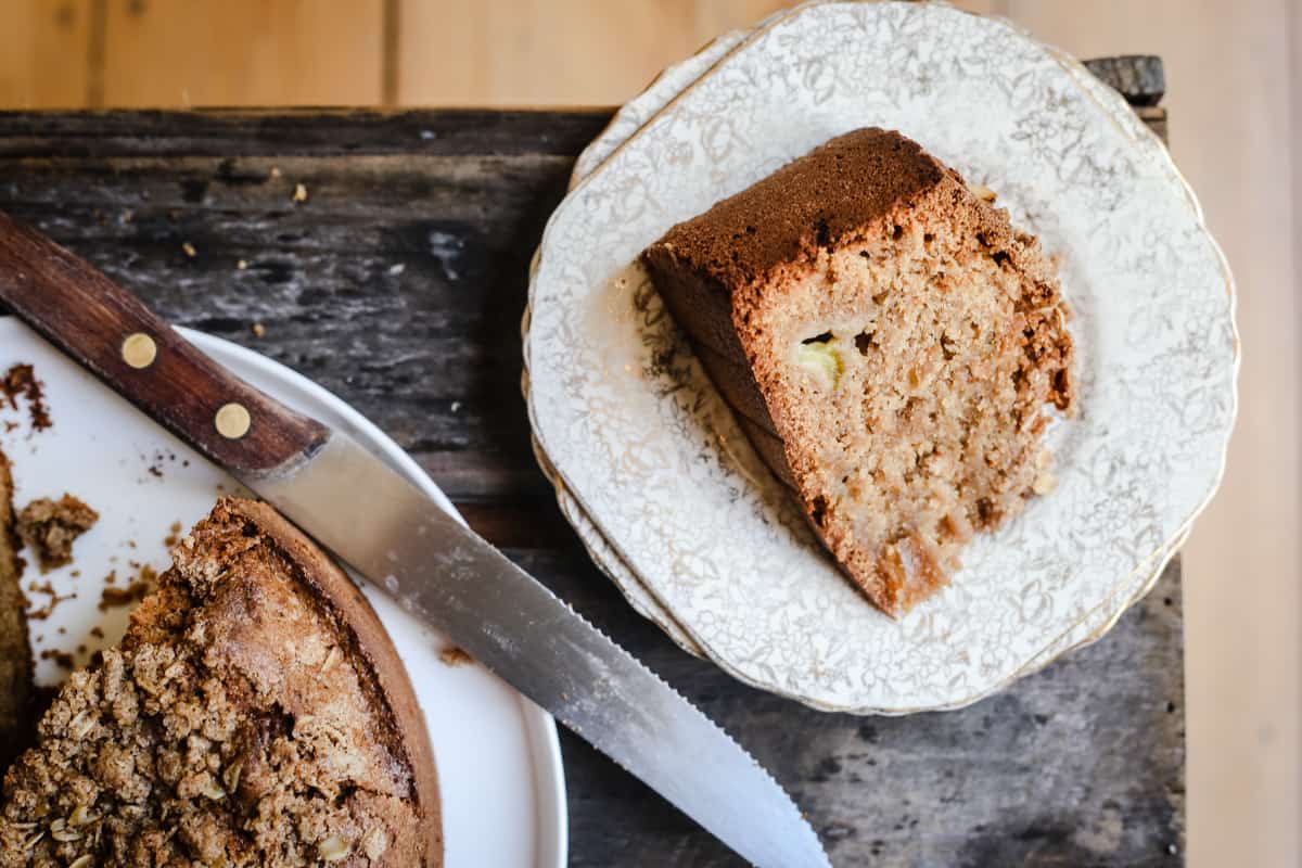 overhead shot of a slice of Green Tomato and Stem Ginger Cake with Streusel Topping {gluten-free} on a plate