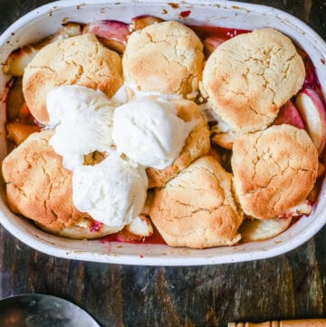 Plum Nectarine Cobbler in a baking dish