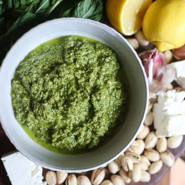 Feta Pistachio Mint Pesto overhead shot of a bowl of Feta Pistachio Mint Pesto