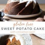 overhead shot of Sweet Potato Cinnamon Swirl Cake on a plate with a sifter and sweet potatoes in the foreground