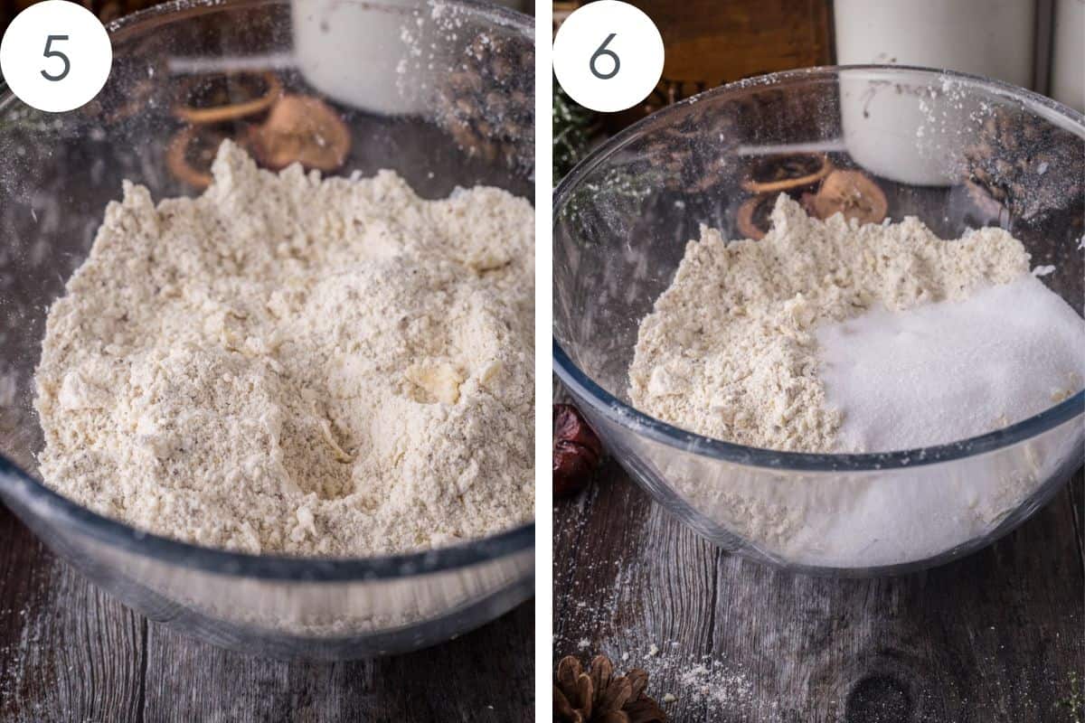 Sugar added to pastry mix and then sugar mixed into pastry mix.