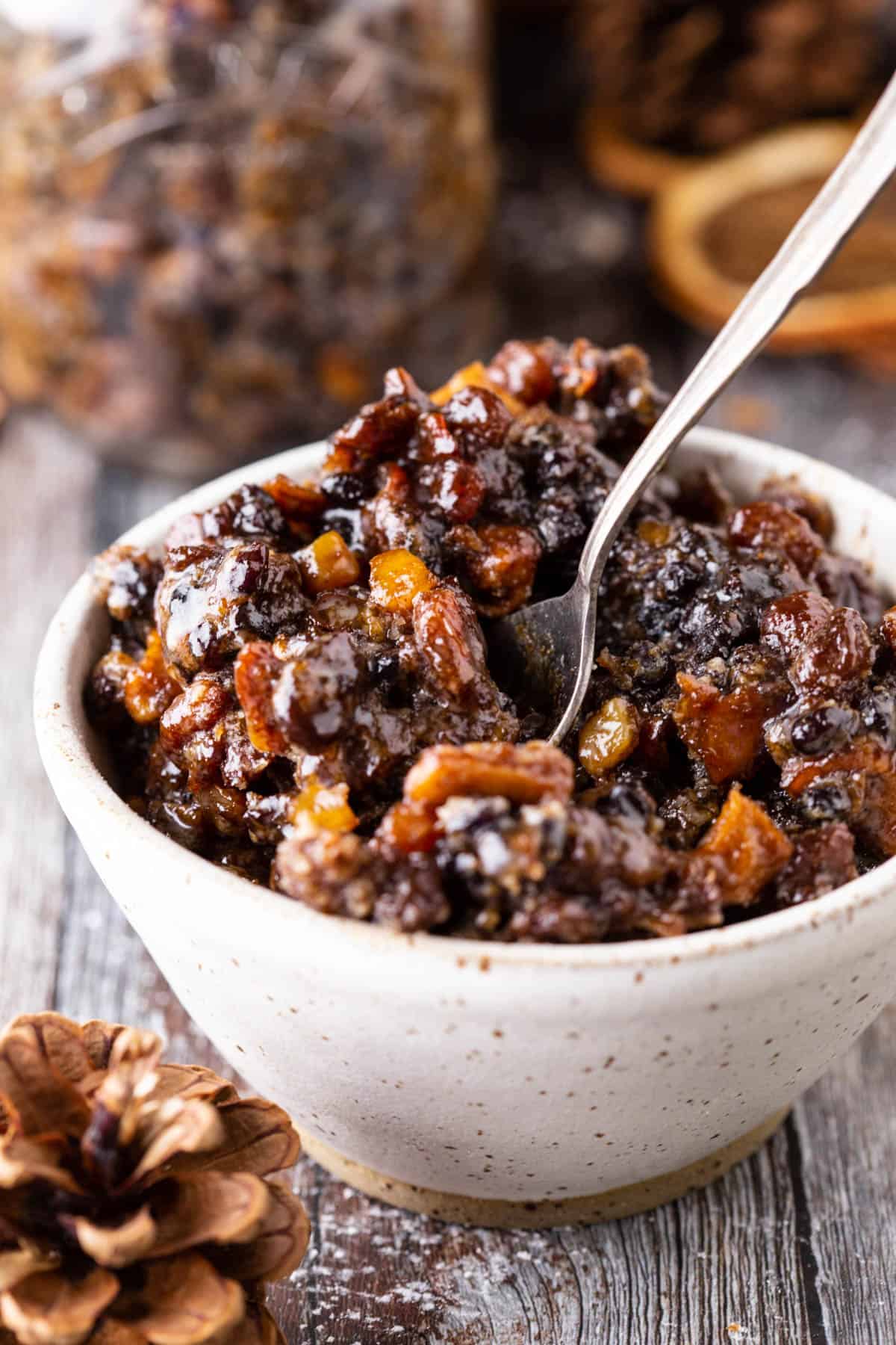 mincemeat in a bowl with the plump fruits glistening.
