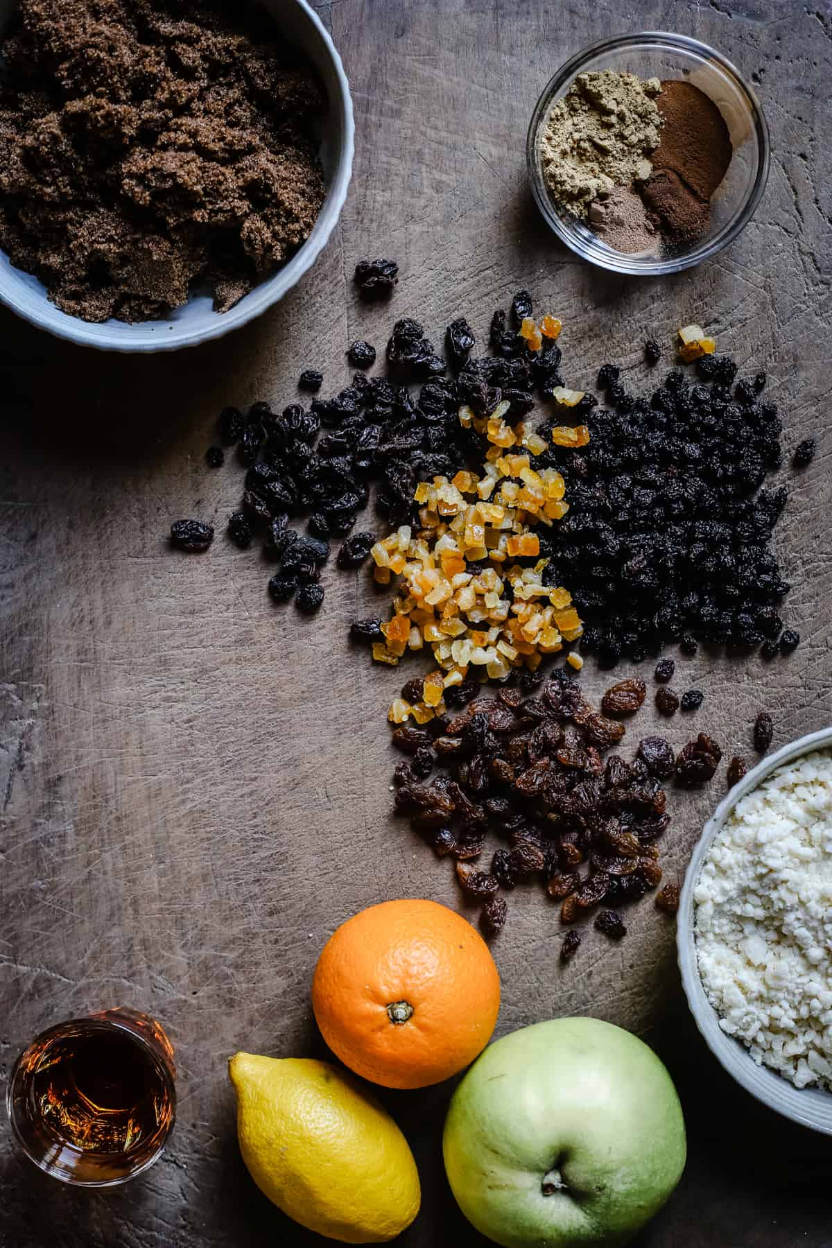 Ingredients for mincemeat on a wooden table