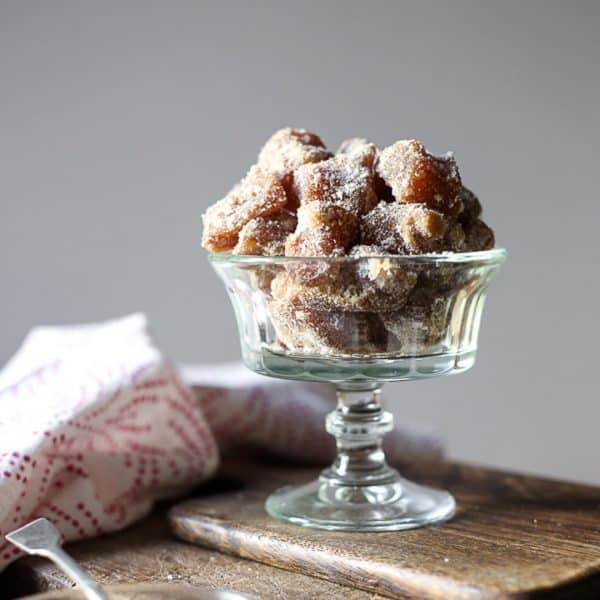 Homemade Crystallised Ginger mid shot of a pot of Homemade Crystallised Ginger