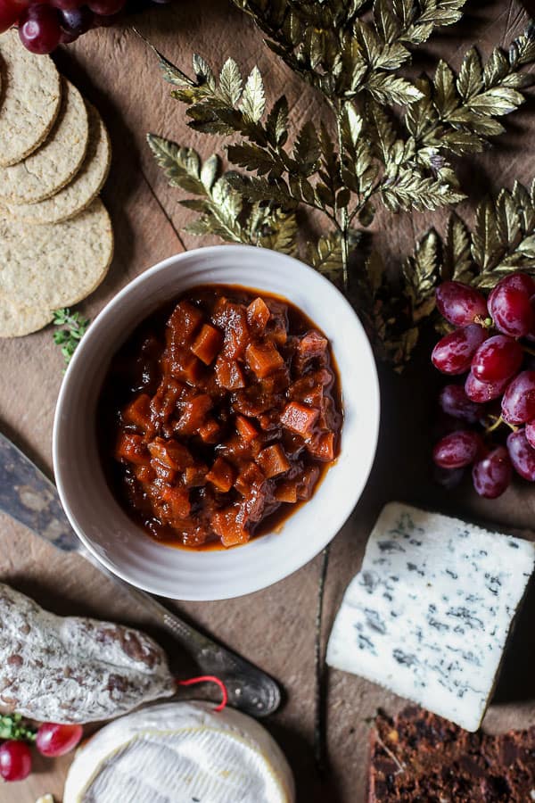 overhead shot of Boxing Day Ale Chutney in the middle of a cheeseboard