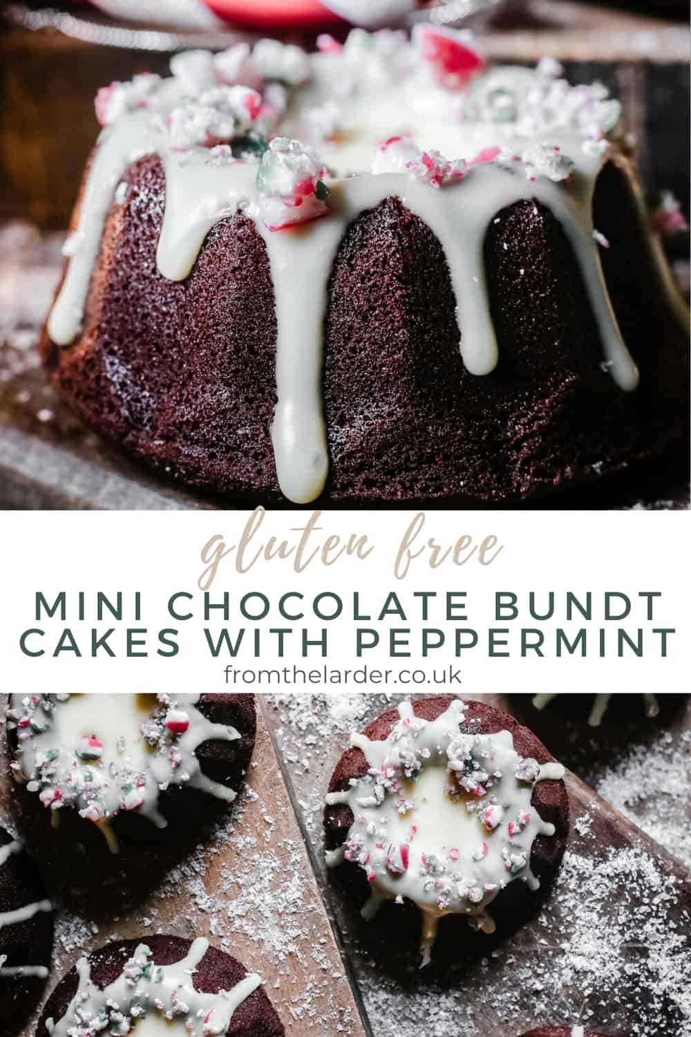 Pin image of Mini Chocolate Bundt Cakes with Peppermint. One image is a close up of the cake, the other is of the cakes from overhead. With title text in between the images.