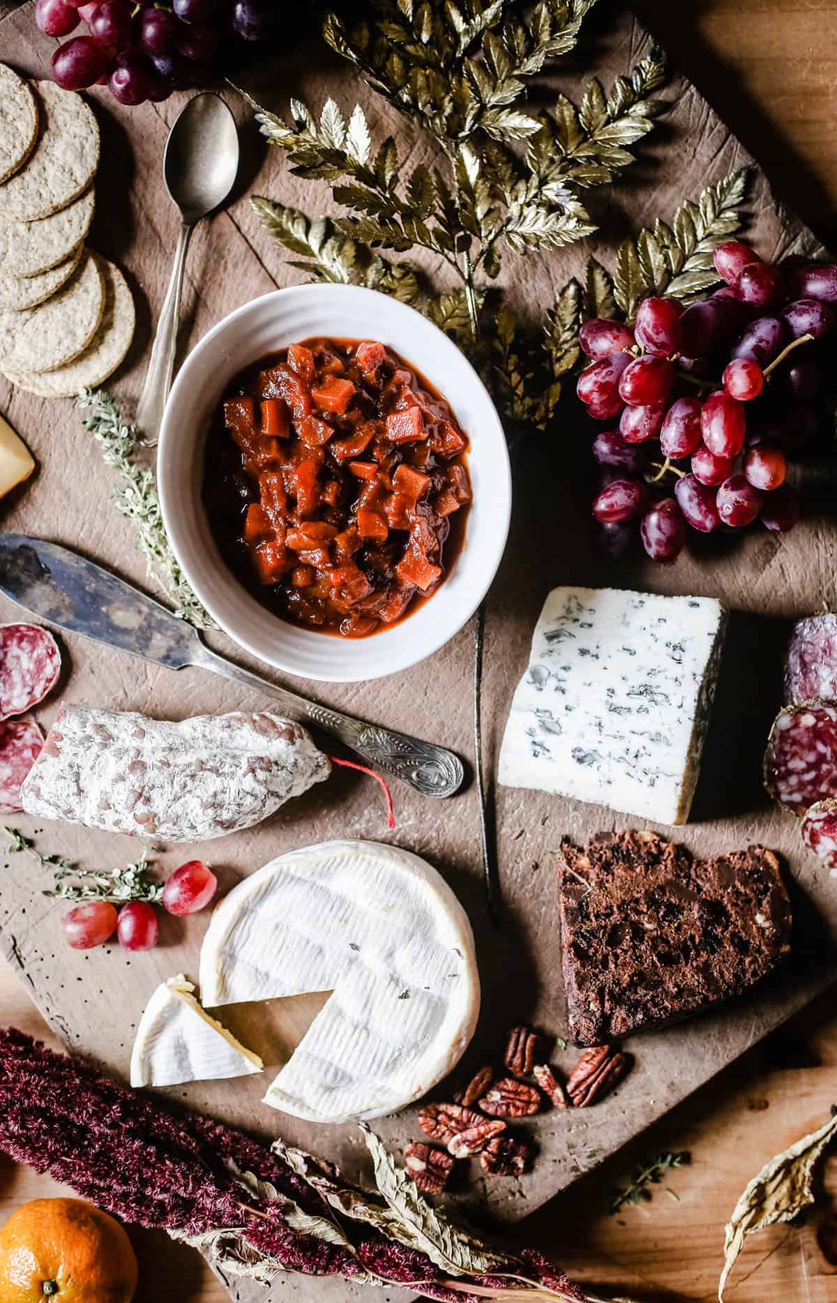 overhead shot of Boxing Day Ale Chutney in the middle of a cheeseboard