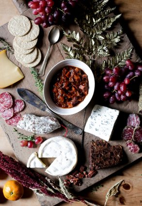 overhead shot of Boxing Day Ale Chutney in the middle of a cheeseboard