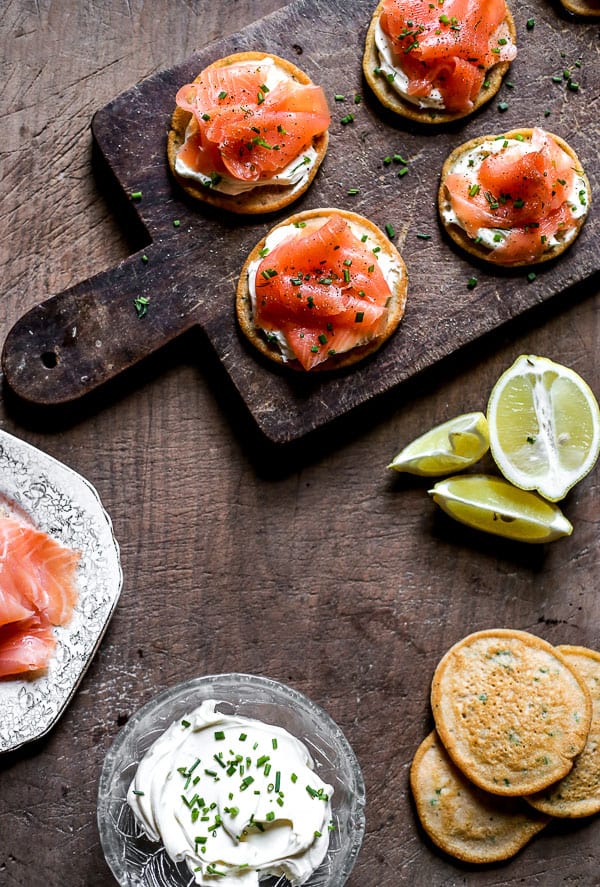 overhead view of Smoked Salmon on Potato Pancakes with Whipped Cream Cheese