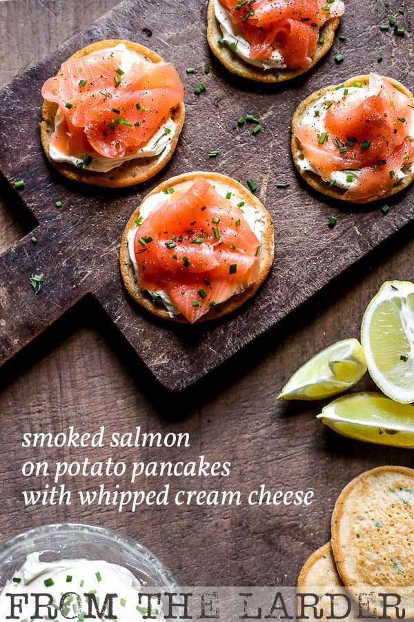 overhead view of Smoked Salmon on Potato Pancakes with Whipped Cream Cheese