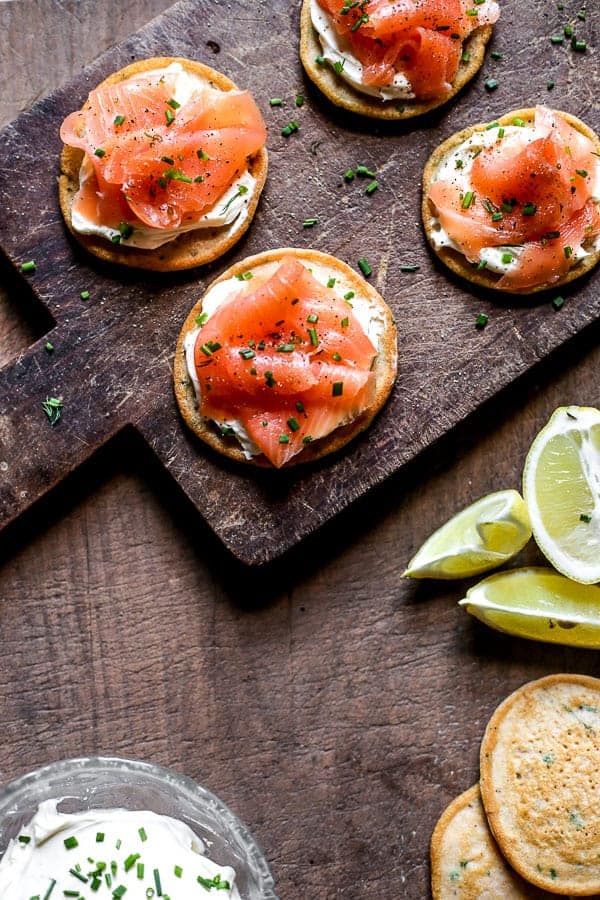 overhead view of Smoked Salmon on Potato Pancakes with Whipped Cream Cheese