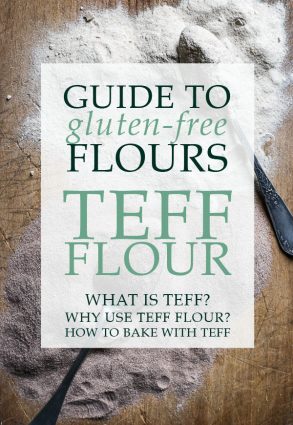 overhead view of teff flour on a wooden board with spoons behind text saying guide to gluten free flours. Teff flour. the culture of teff, how can you use it, all the info you need.