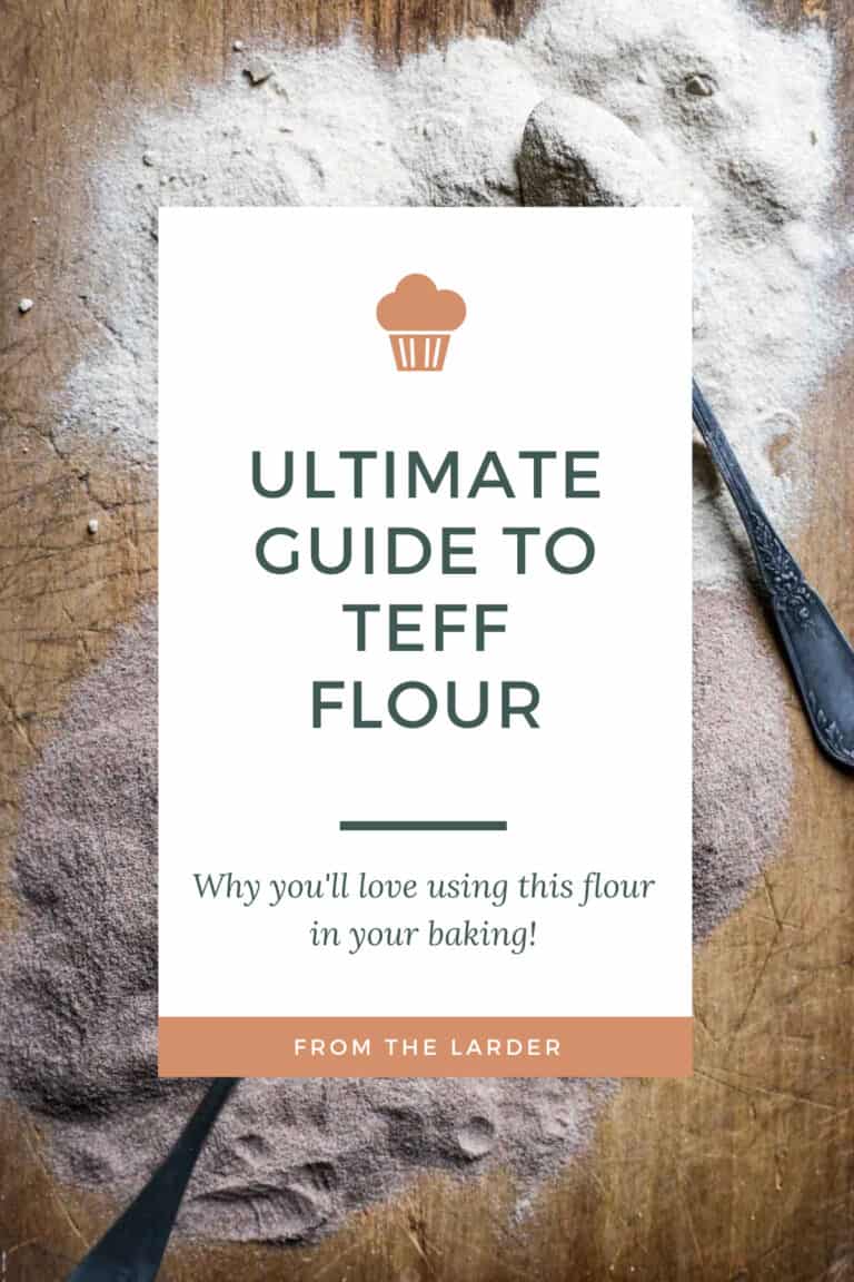 overhead view of teff flour on a wooden board with spoons behind text saying guide to gluten free flours. Teff flour. the culture of teff, how can you use it, all the info you need.