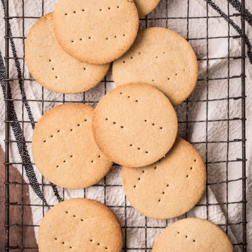 Gluten-free digestive biscuits on a wire rack