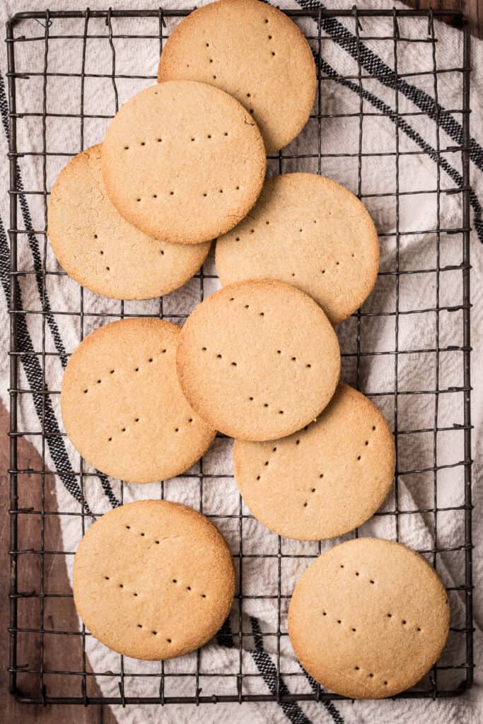 Gluten-free digestive biscuits on a wire rack