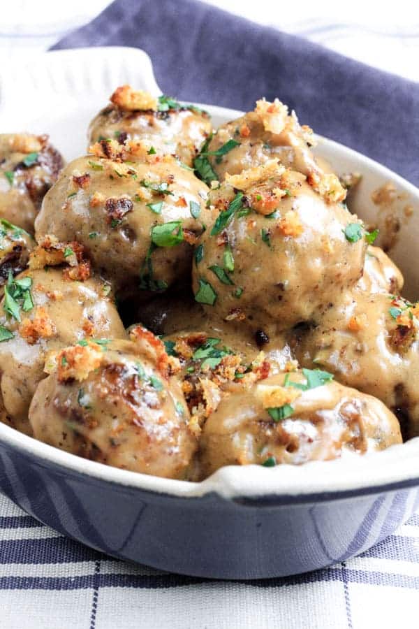 Pork Crackling, Lemon and Fennel Swedish Meatballs in a bowl