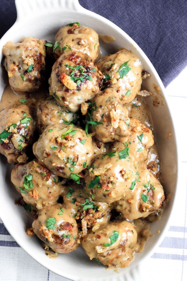 Pork Crackling, Lemon and Fennel Swedish Meatballs in a bowl