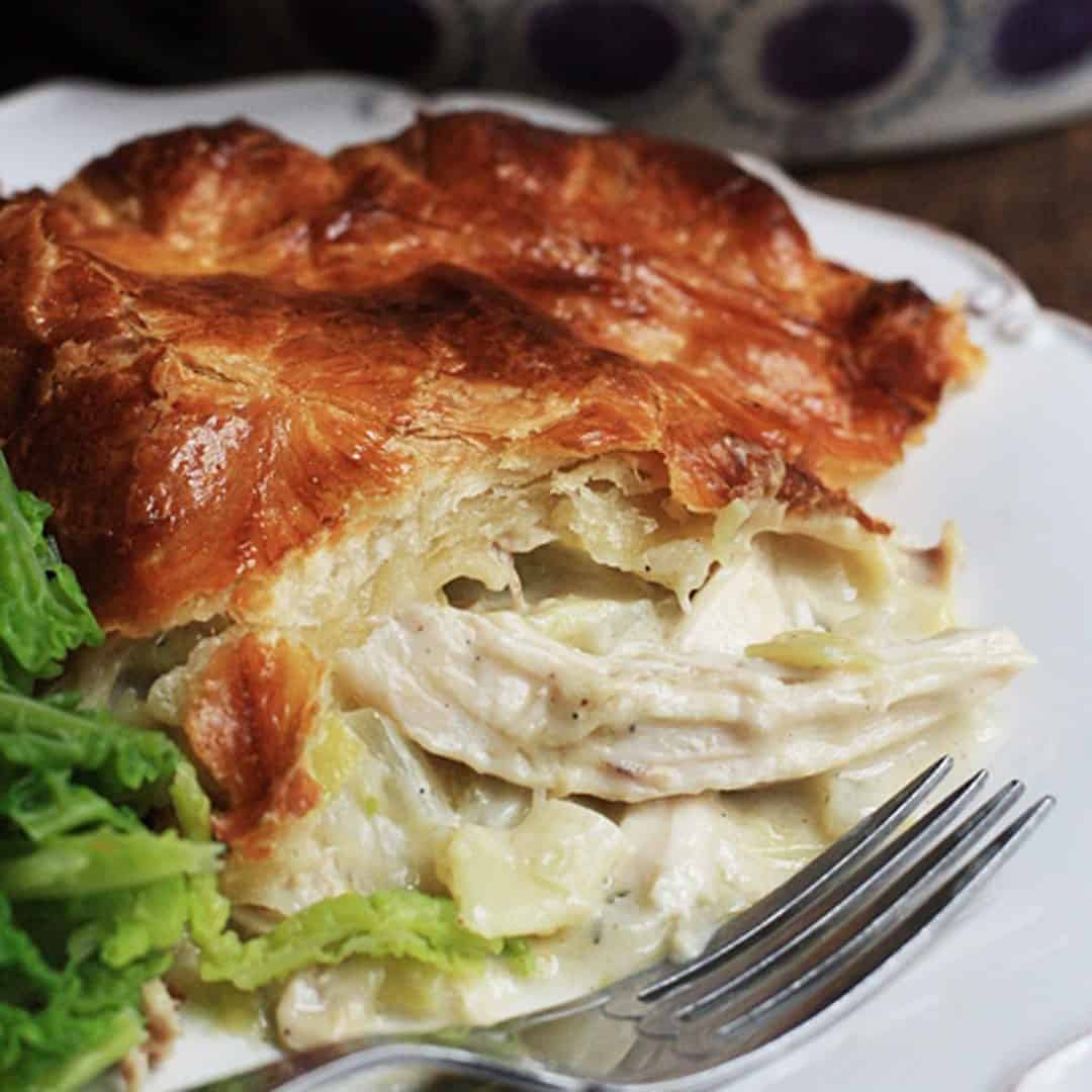 A slice of chicken and leek pie