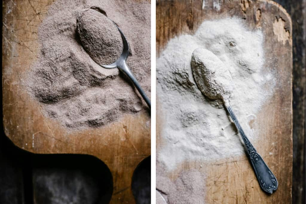 images of teff flour on a wooden board