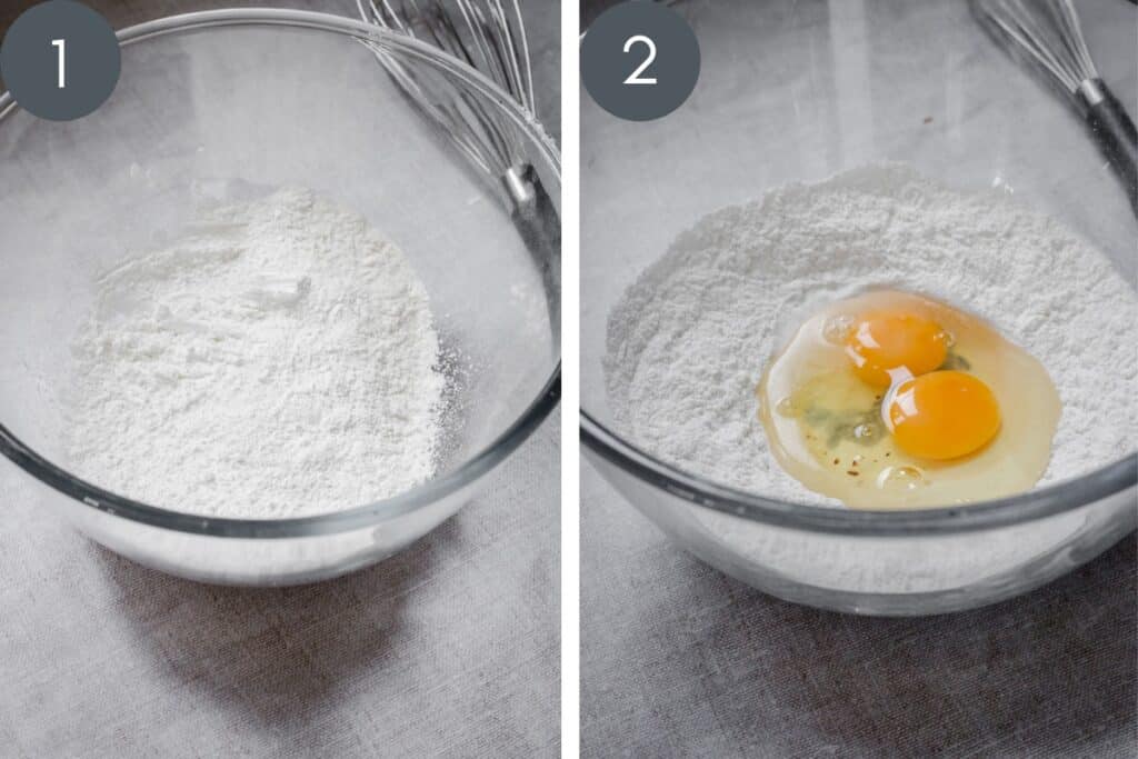 Process images for pancakes showing flour in bowl and then flour and eggs in bowl
